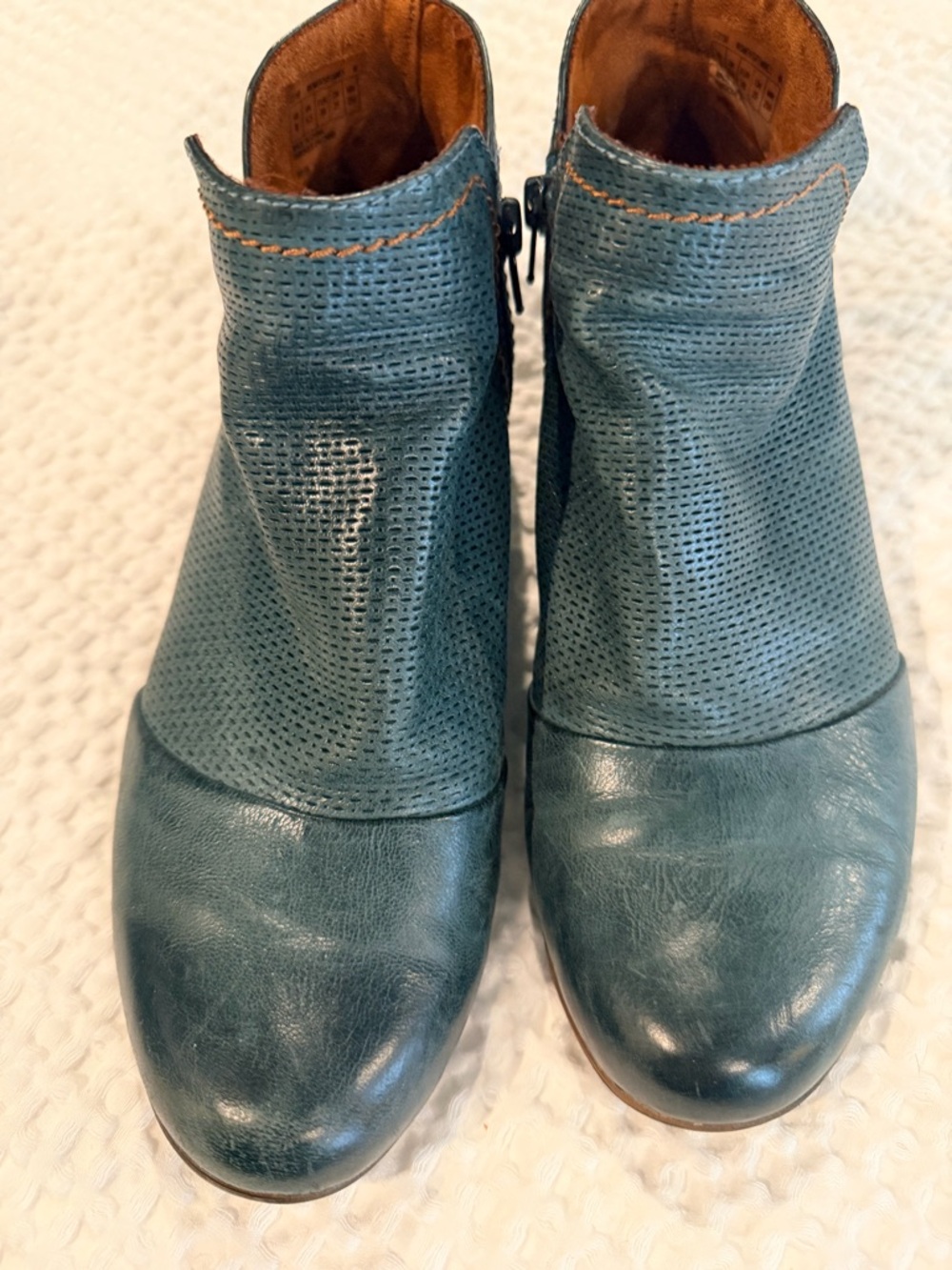 Perforated Teal Leather Ankle Booties for Women